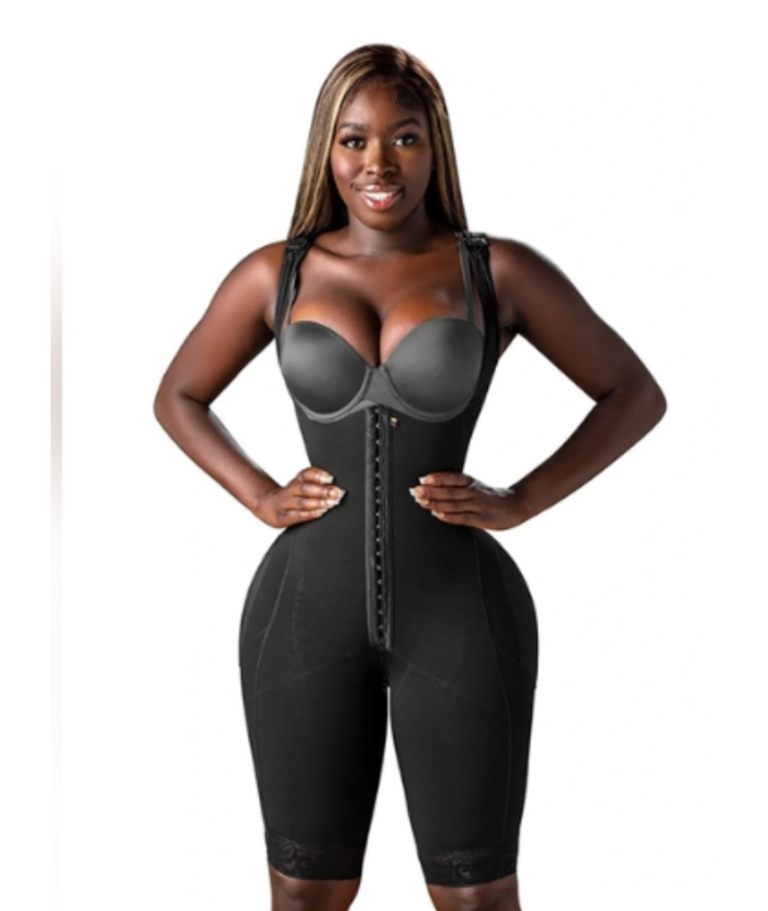 Faja Colombiana Negra de Compresión Alta con Tiras Ajustables y Rodilla